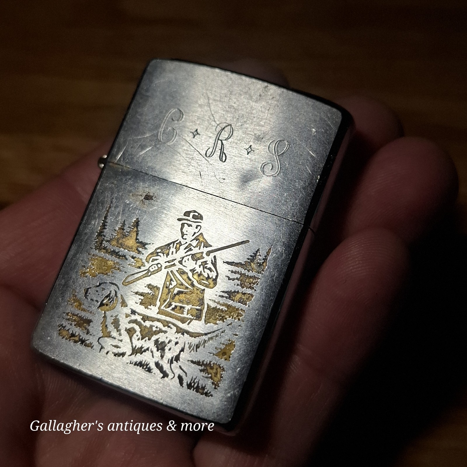 Vintage 1974 Zippo Lighter Hunter & Dog Hunting Scene G.R.S. Monogram Engraved Vintage 1974 Zippo Lighter Hunter & Dog Hunting Scene G.R.S. Monogram Engraved