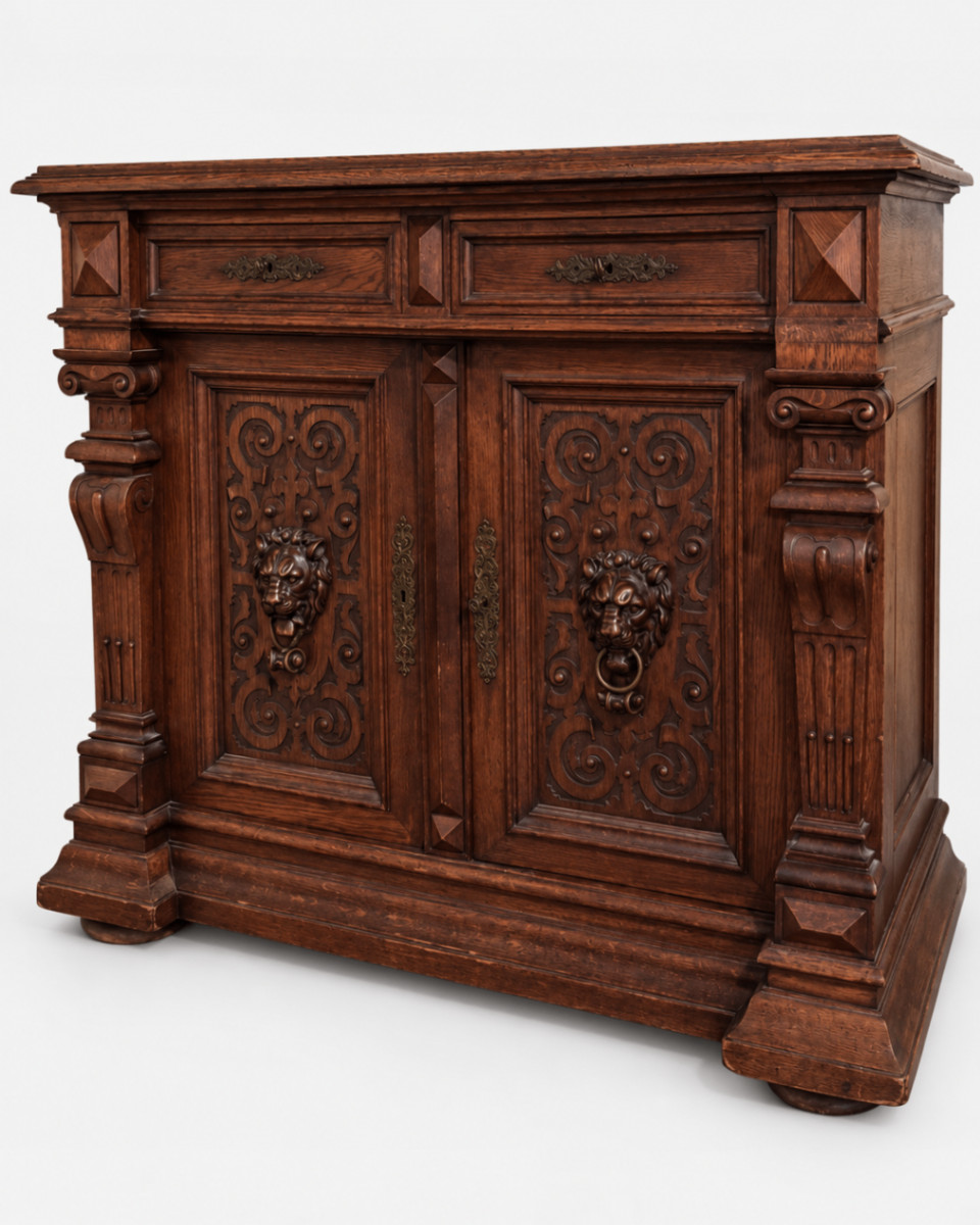 Antique Ornate Carved Wood Sideboard Buffet Lion Head Pulls