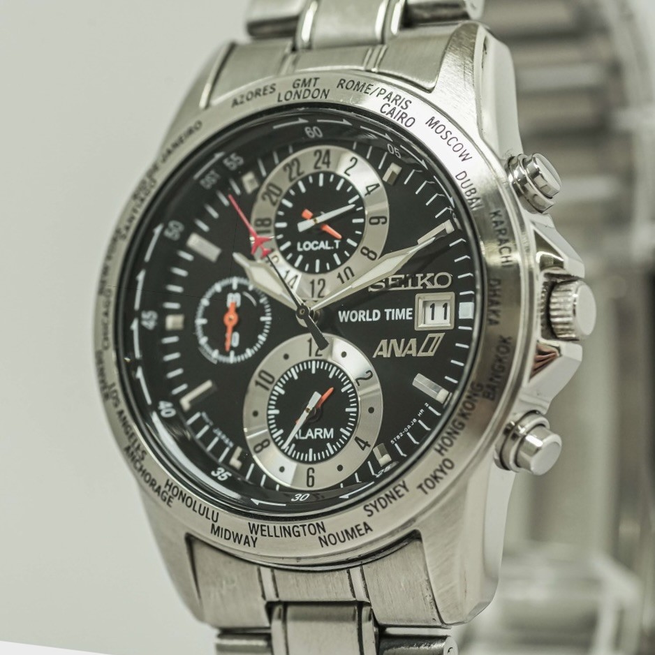 *NEAR MINT* Vintage SEIKO ANA World Time 5T82-0AH0 Qz Chronograph Black 38mm Men