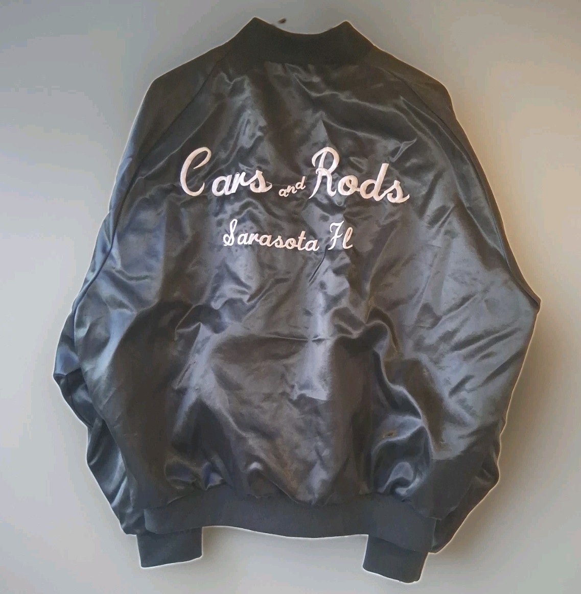 Vintage 1970s Aristo Jac CARS & RODS Shop Sara. FL Satin Jacket EMB \ Vintage 1970s Aristo Jac CARS & RODS Shop Sara. FL Satin Jacket EMB \
