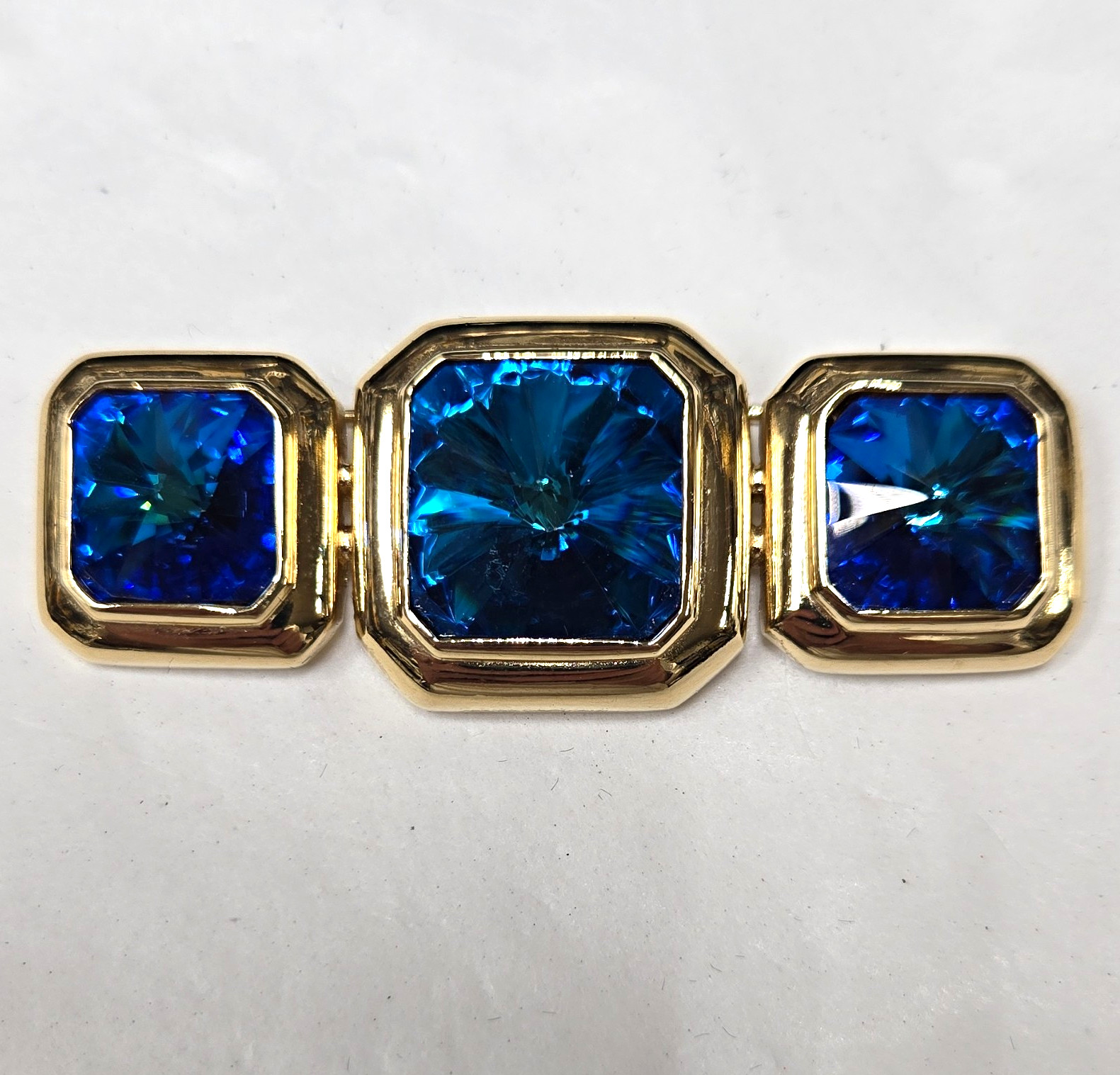 Vintage Signed Guy Laroche Gold Tone Blue Crystal Rhinestone Geometric Brooch