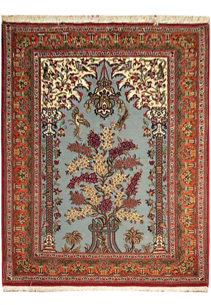 3.6 x 5.0 Fine Wool and Silk Perrsian Quum Prayer Rug #PIX-8676