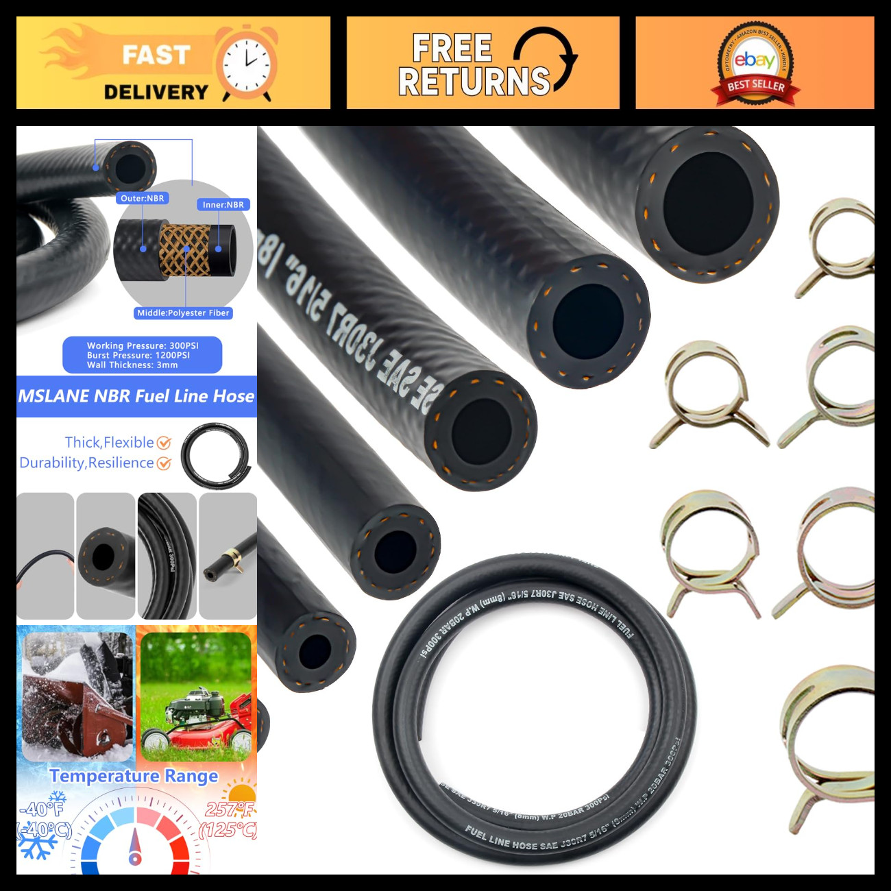 6PCS Fuel Line Hose Kit 10FT with 30 Clamps, 1/8\