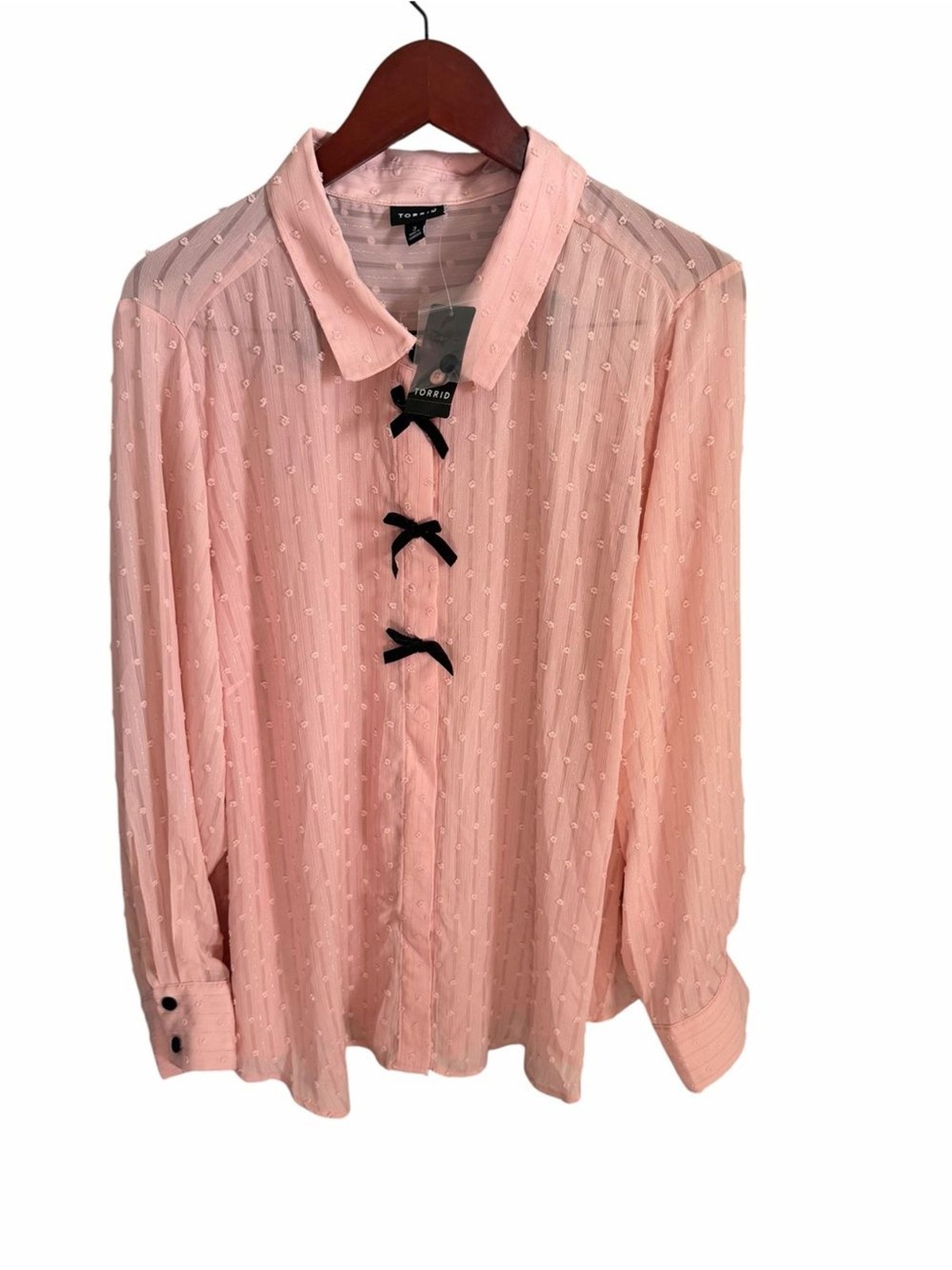 torrid 3 Pink Sheer Dot-Textured Button Blouse with Black Bow Trim 3X torrid 3 Pink Sheer Dot-Textured Button Blouse with Black Bow Trim 3X