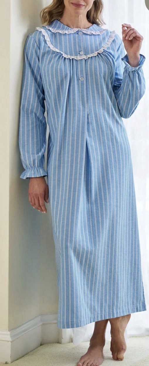 National Women’s L Blue Stripe Flannel Nightgown NWT 100% Cotton Button Front