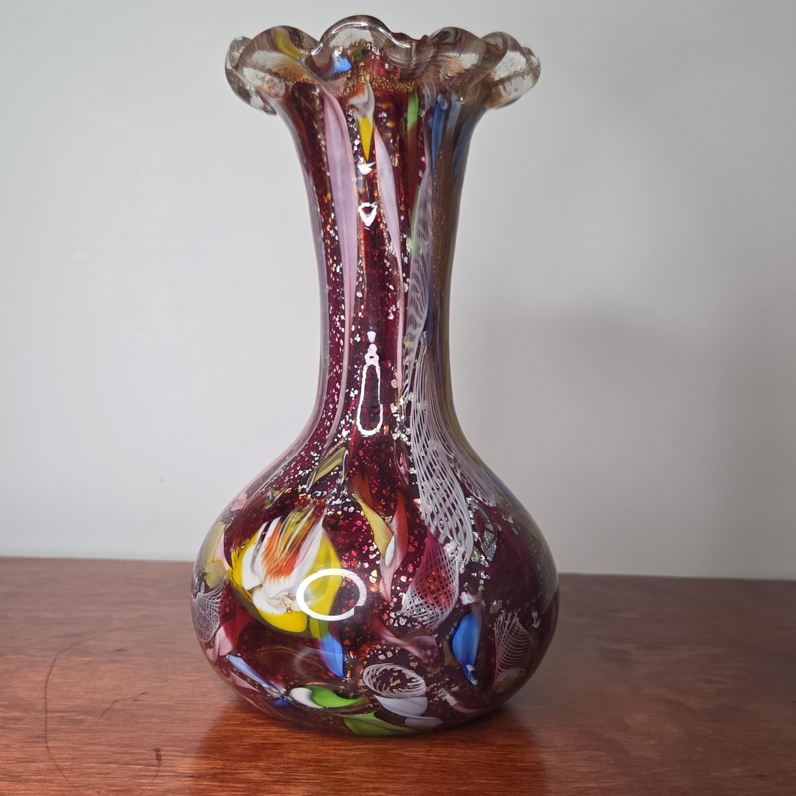 Vintage Murano AVeM Tutti Frutti  Vase Ruffled Rim Zanfirico Aventurine 7.5\