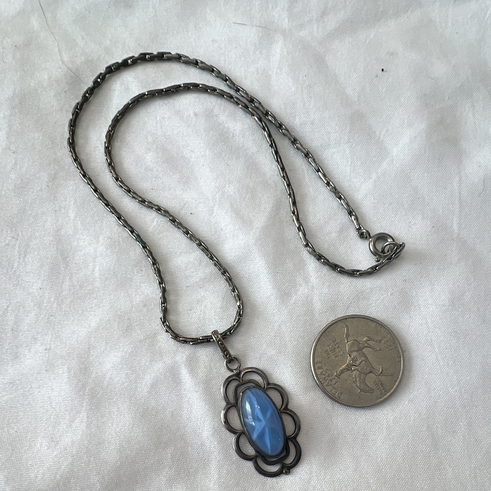 Vintage 925 Sterling Silver Faux Star Sapphire Blue Glass Pendant Book Chain