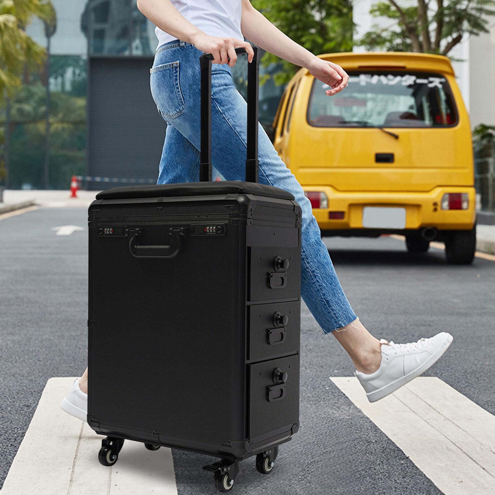 Rolling Makeup Case with Combination Lock Makeup Case with 4 Universal Wheels.