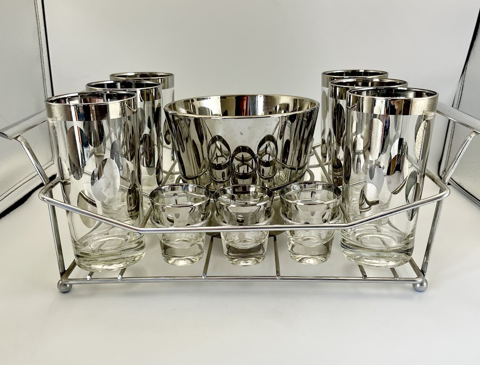RETRO Atomic Barware Glass Caddy Set 14pc. VITREON QUEENS LUSTERWARE LTD
