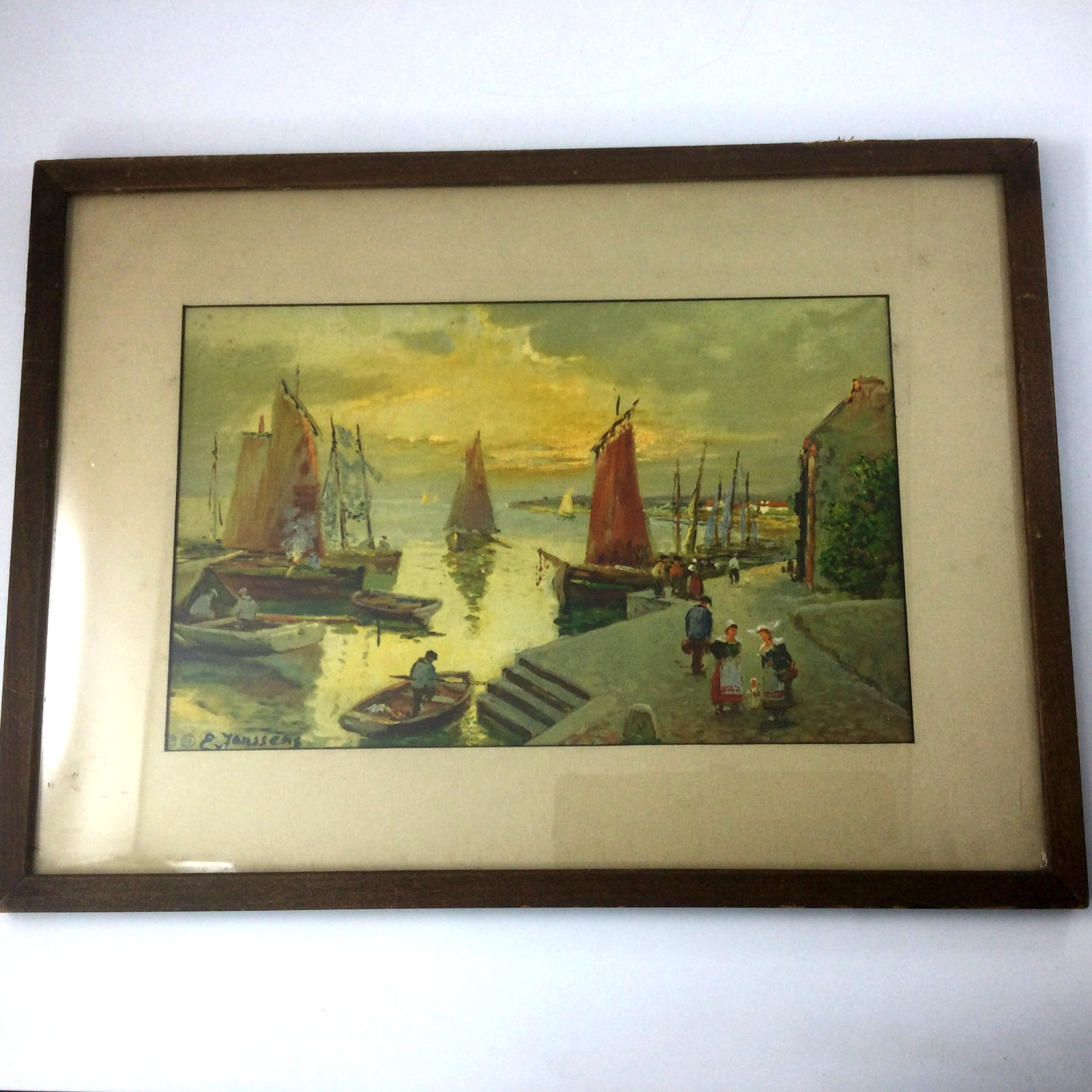 Vintage Antique Lithography Print Sea Side Sail Boats Netherlands E. Janssens
