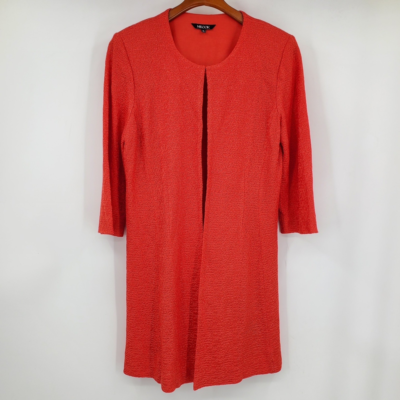 Misook Red Textured Knit Longline Jacket Cardigan 3/4 Sleeve M Quiet Luxury