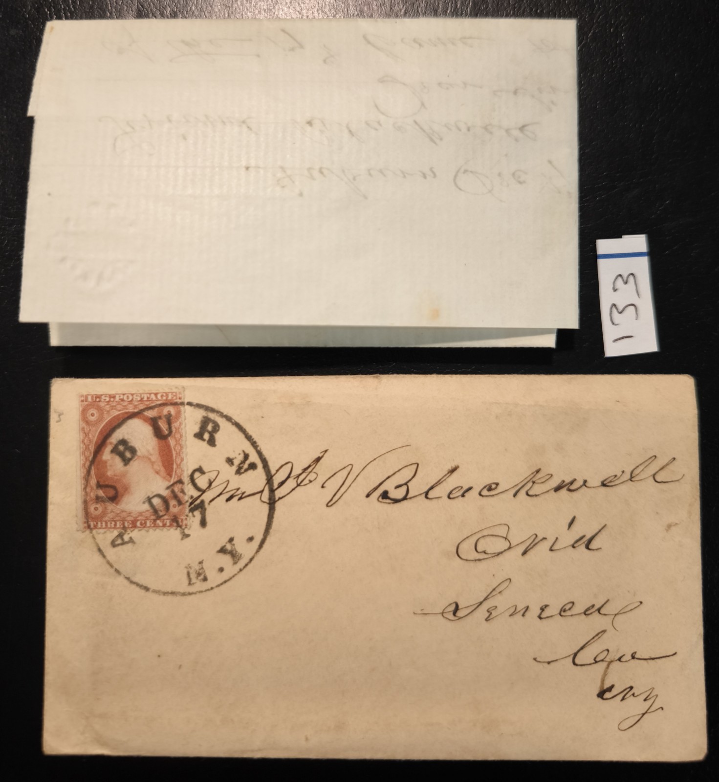 1857 Auburn NY 3¢ Washington Cover + Original Handwritten Letter to Seneca Iowa