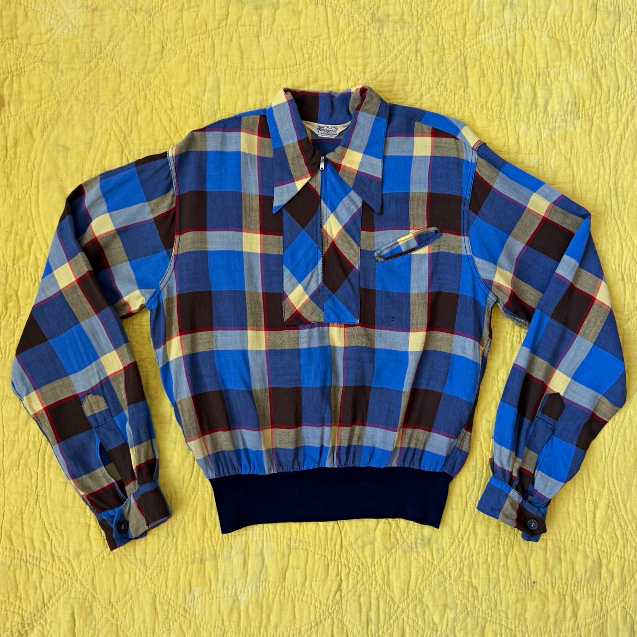 Vintage 1950s Pilgrim Sportswear Plaid  Rayon Quarter Zip Gaucho Shirt  SZ M