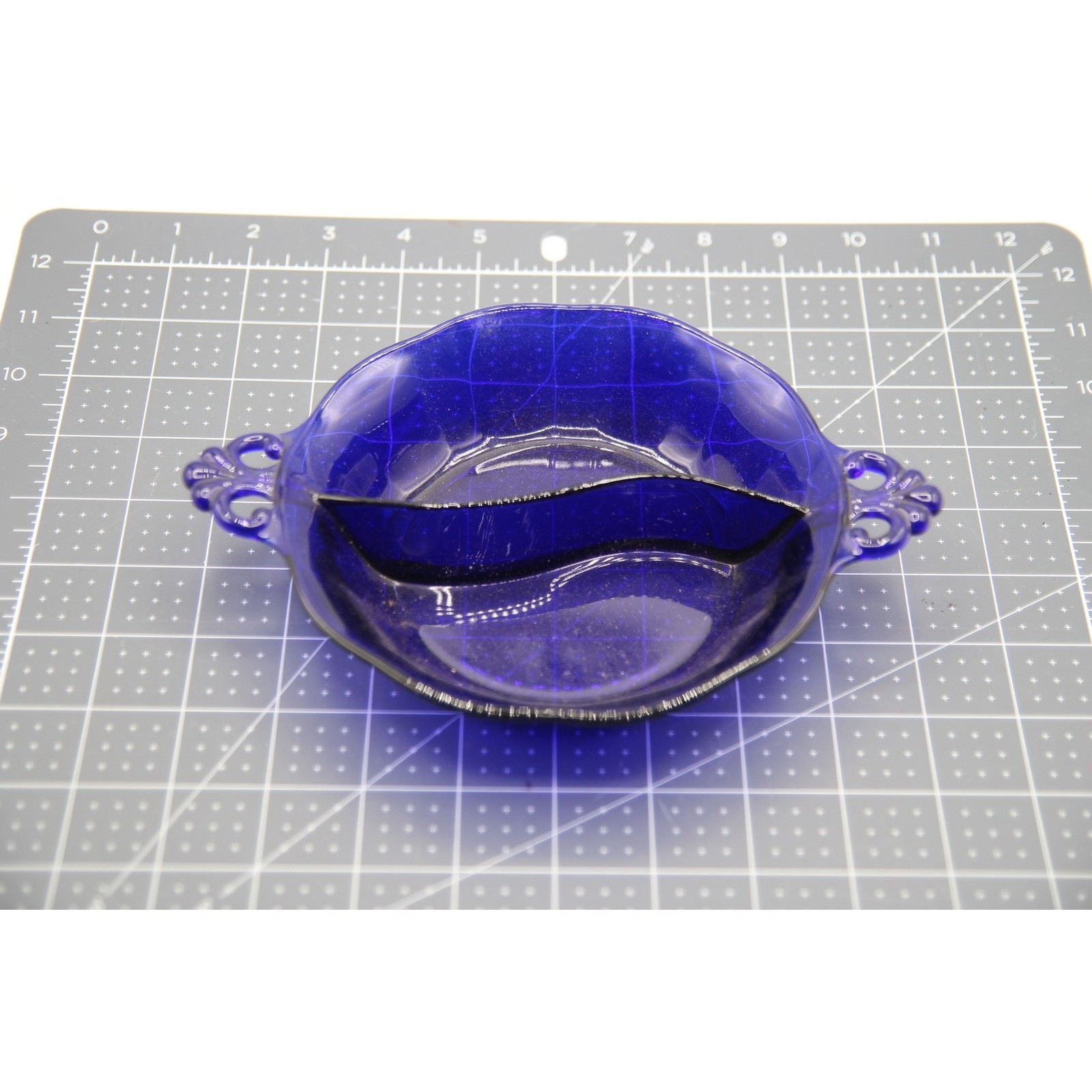 Vintage Cobalt Blue Glass Divided Relish Dish with Ornate Handles Scalloped Rim Vintage Cobalt Blue Glass Divided Relish Dish with Ornate Handles Scalloped Rim