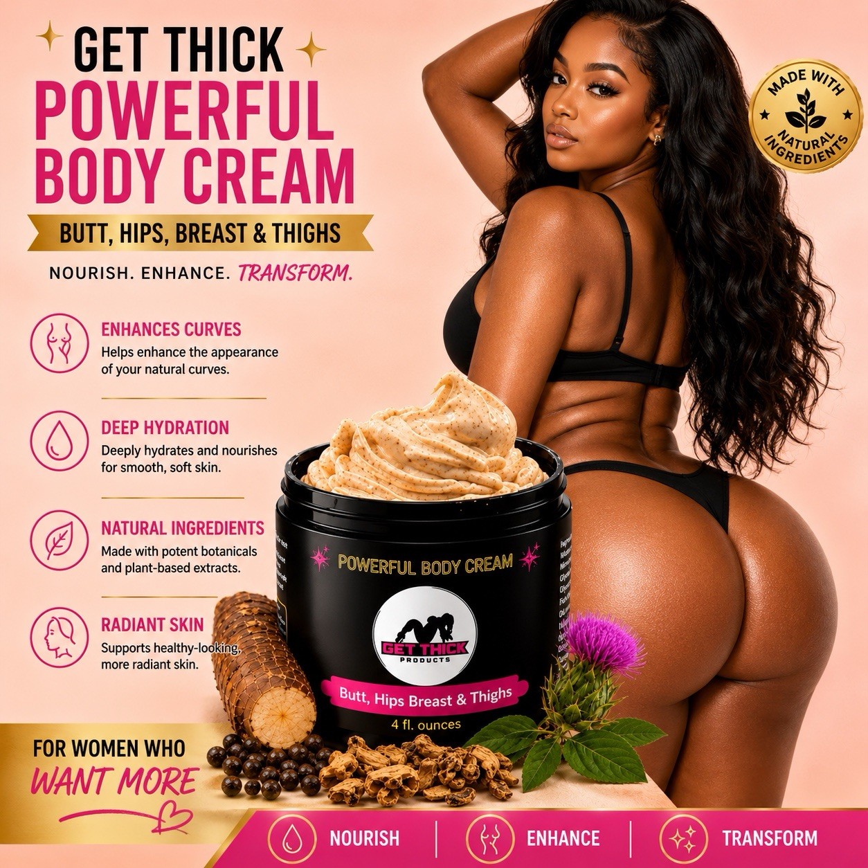 Get Thick Products POWERFUL Booty Enhancement  Cream Butt, Hips & Thighs