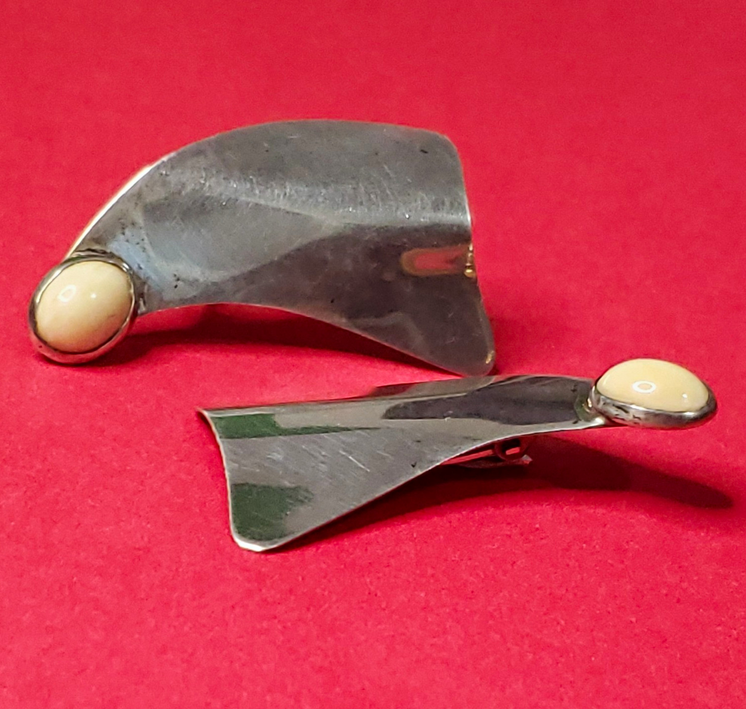 Vintage Signed LOUIS BOOTH Sterling Silver Modernist Wing Stmt Clip Earrings set