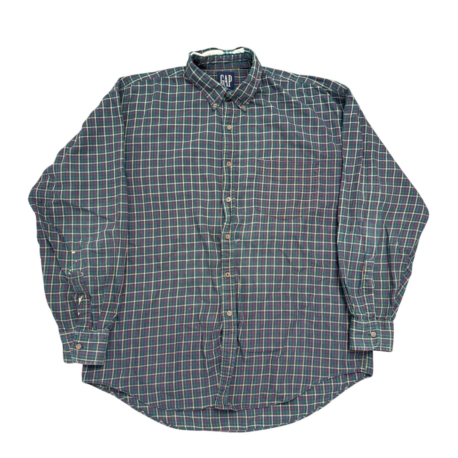 Vintage GAP Mens Green Plaid Button Down Shirt Long Sleeve Large Distressed
