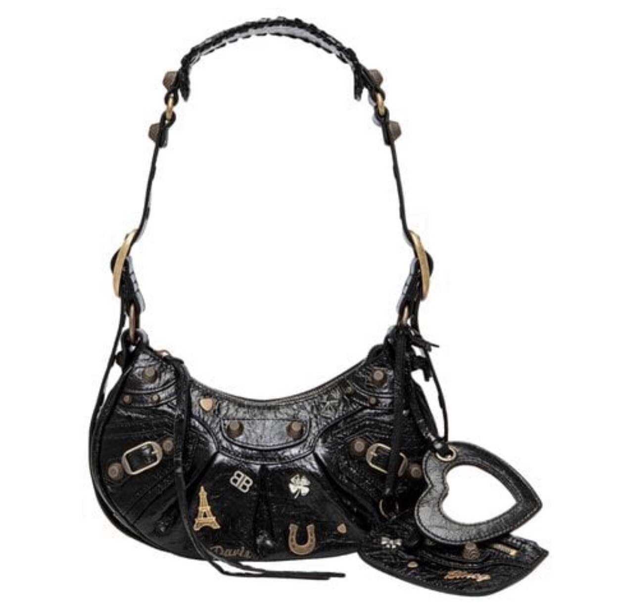 BALENCIAGA Agneau Arena Le Cagole Embellished Shoulder Bag XS Black with Charms. BALENCIAGA Agneau Arena Le Cagole Embellished Shoulder Bag XS Black with Charms.