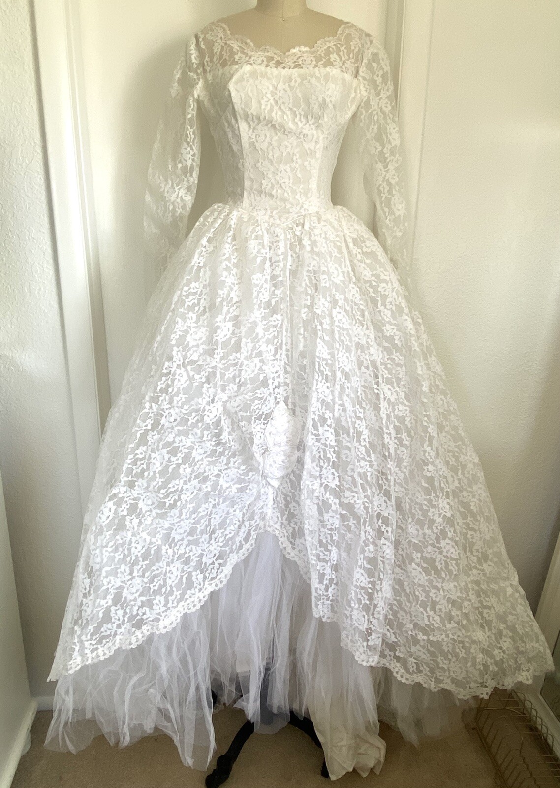 Vintage 50s White Beaded Cinderella Tulle Lace Long Sleeve Wedding Dress Union Vintage 50s White Beaded Cinderella Tulle Lace Long Sleeve Wedding Dress Union