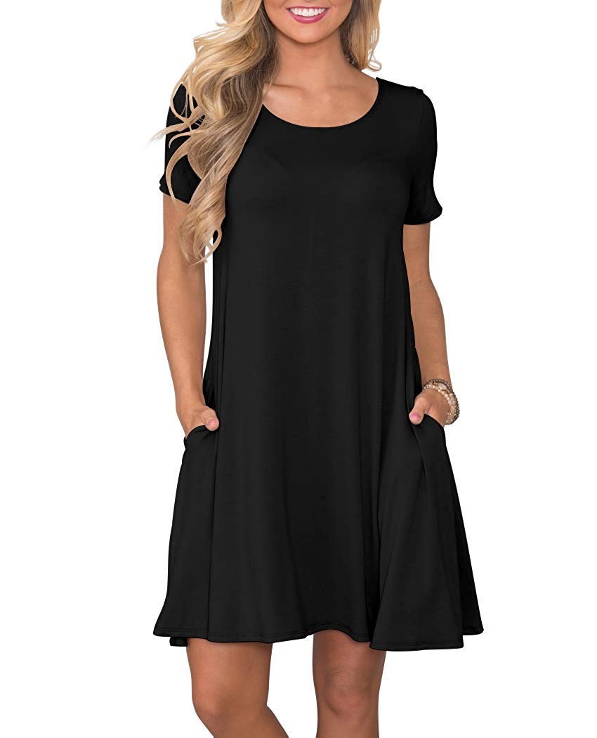Women\'s Summer Casual T Shirt Dress Short Sleeve Swing Dress (L, Black)