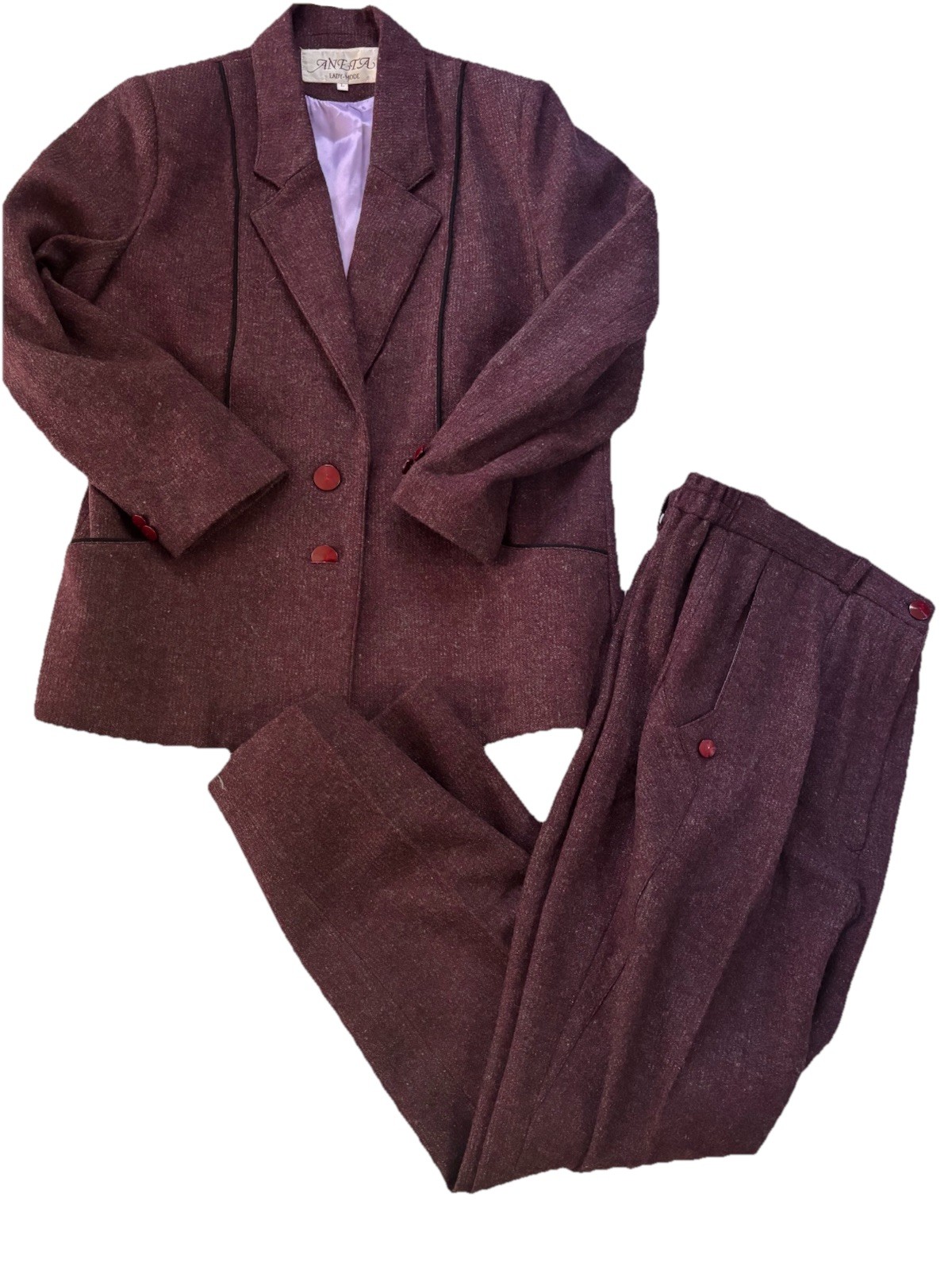 Vintage 80s Purple Wool Power Suit Womens L Blazer Pants Executive ANETA