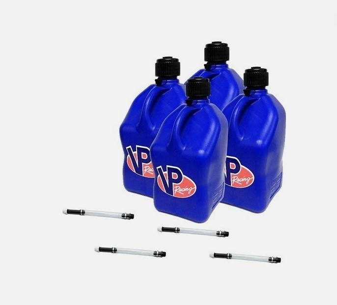 VP Racing Blue 4 Pack + 4 Fill Hoses Square Utility Jug Can VP Racing Blue 4 Pack + 4 Fill Hoses Square Utility Jug Can