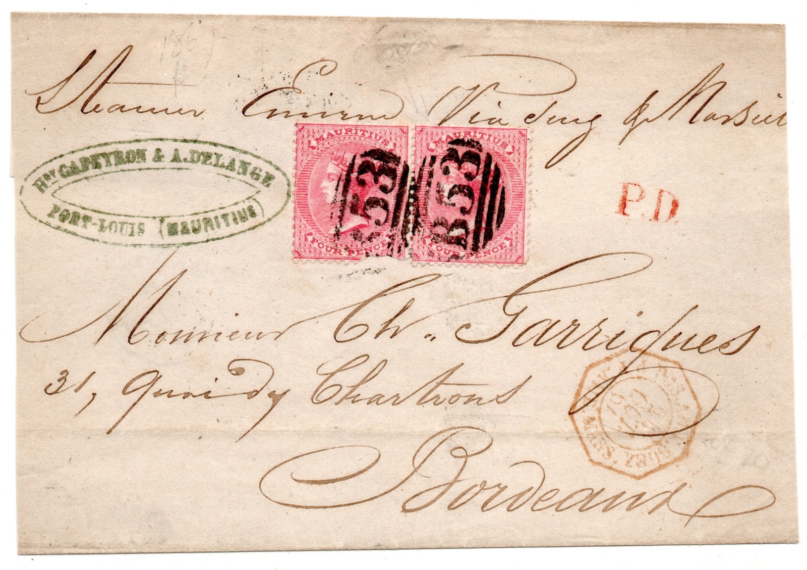 MAURITIUS 1867 COVER PAIR 4d RED STAMPS TO FRANCE Bordeaux