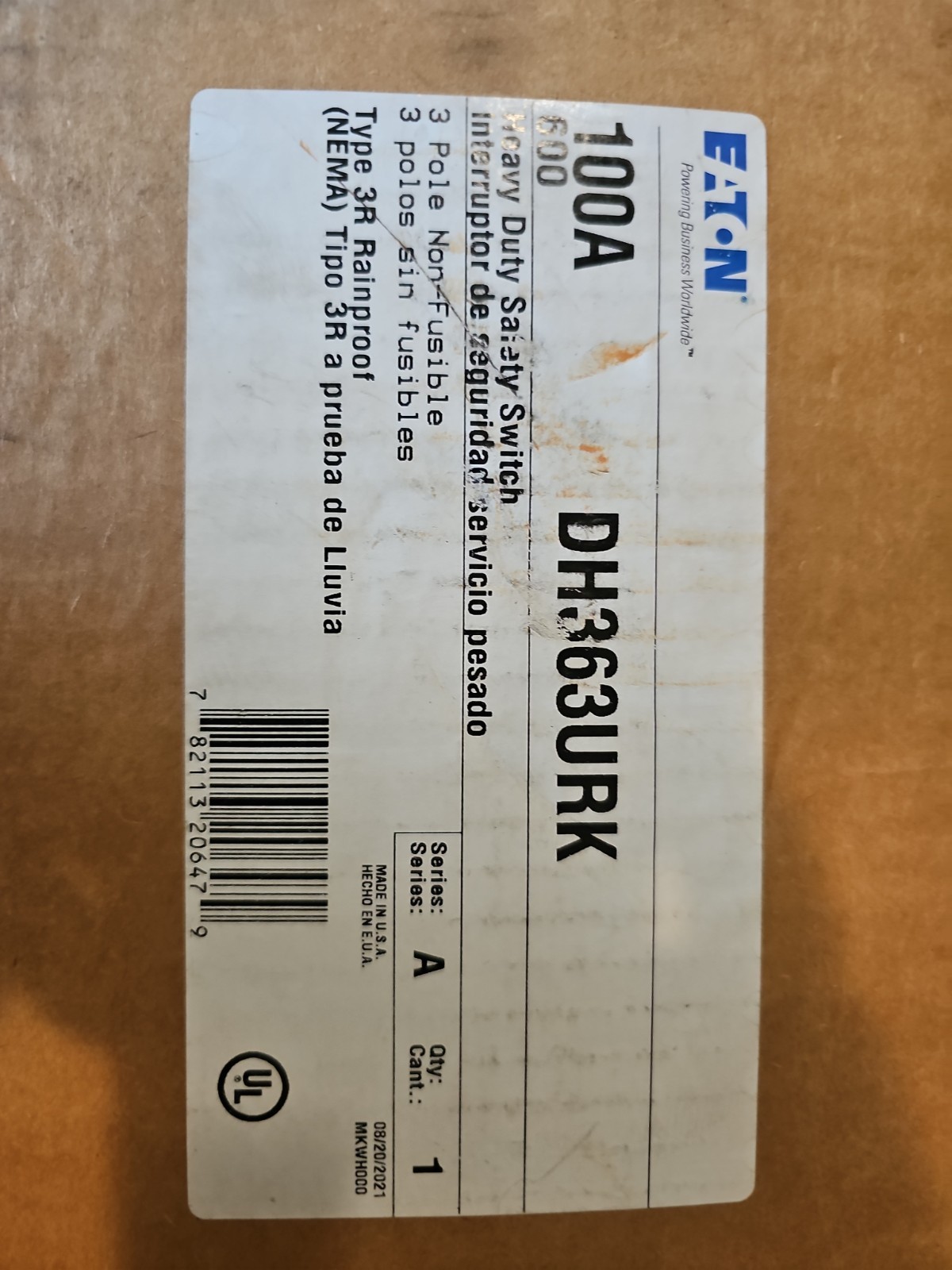 Eaton DH363URK Non-Fusible Heavy Duty Safety Switch 100A 3P 3W 3PH 600V Type 3R Eaton DH363URK Non-Fusible Heavy Duty Safety Switch 100A 3P 3W 3PH 600V Type 3R
