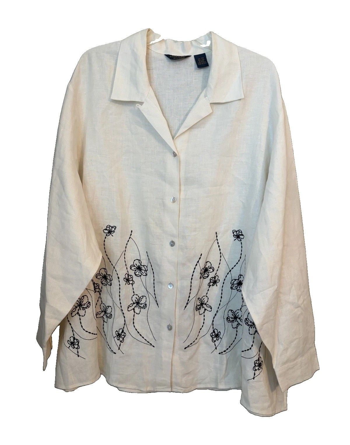e-col-o-gie Women’s 2X White Linen Floral Embroidered Collared Button-Up