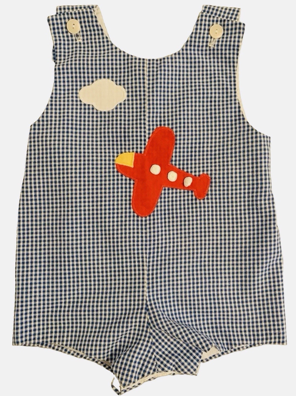 Boy’s 6 Months Romper Blue White Seersucker Jumper Red Airplane Appliqué Vintage Boy’s 6 Months Romper Blue White Seersucker Jumper Red Airplane Appliqué Vintage