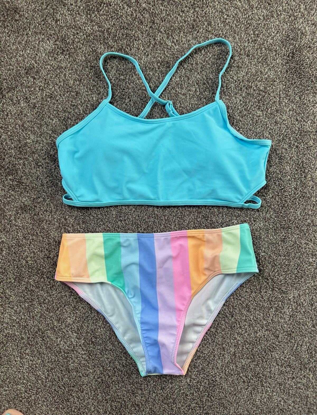 SheIn Girls 3-Piece Swim Set 11-12Y Blue Bralette Top Striped Bikini + Cover Up SheIn Girls 3-Piece Swim Set 11-12Y Blue Bralette Top Striped Bikini + Cover Up