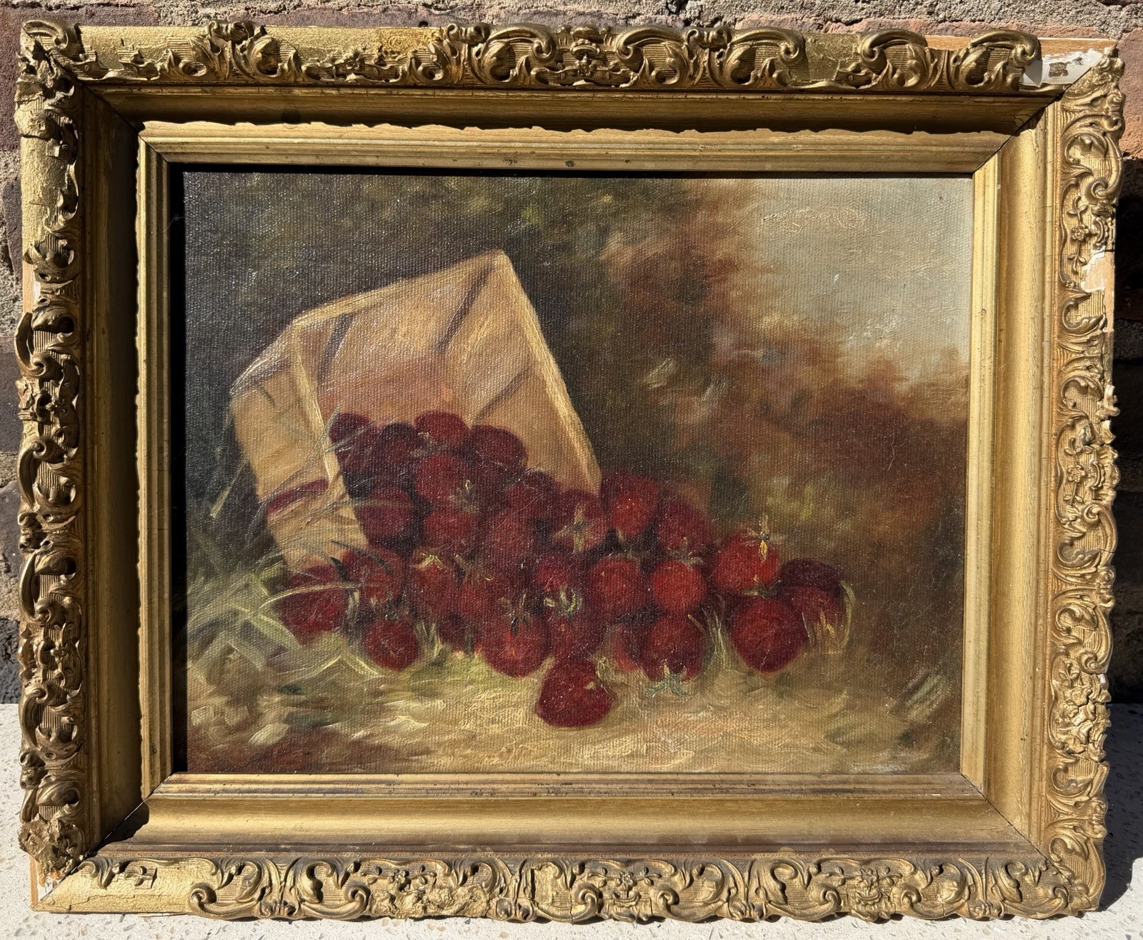 Antique Cherries Still Life Oil Painting on Canvas – Ornate Gold Frame
