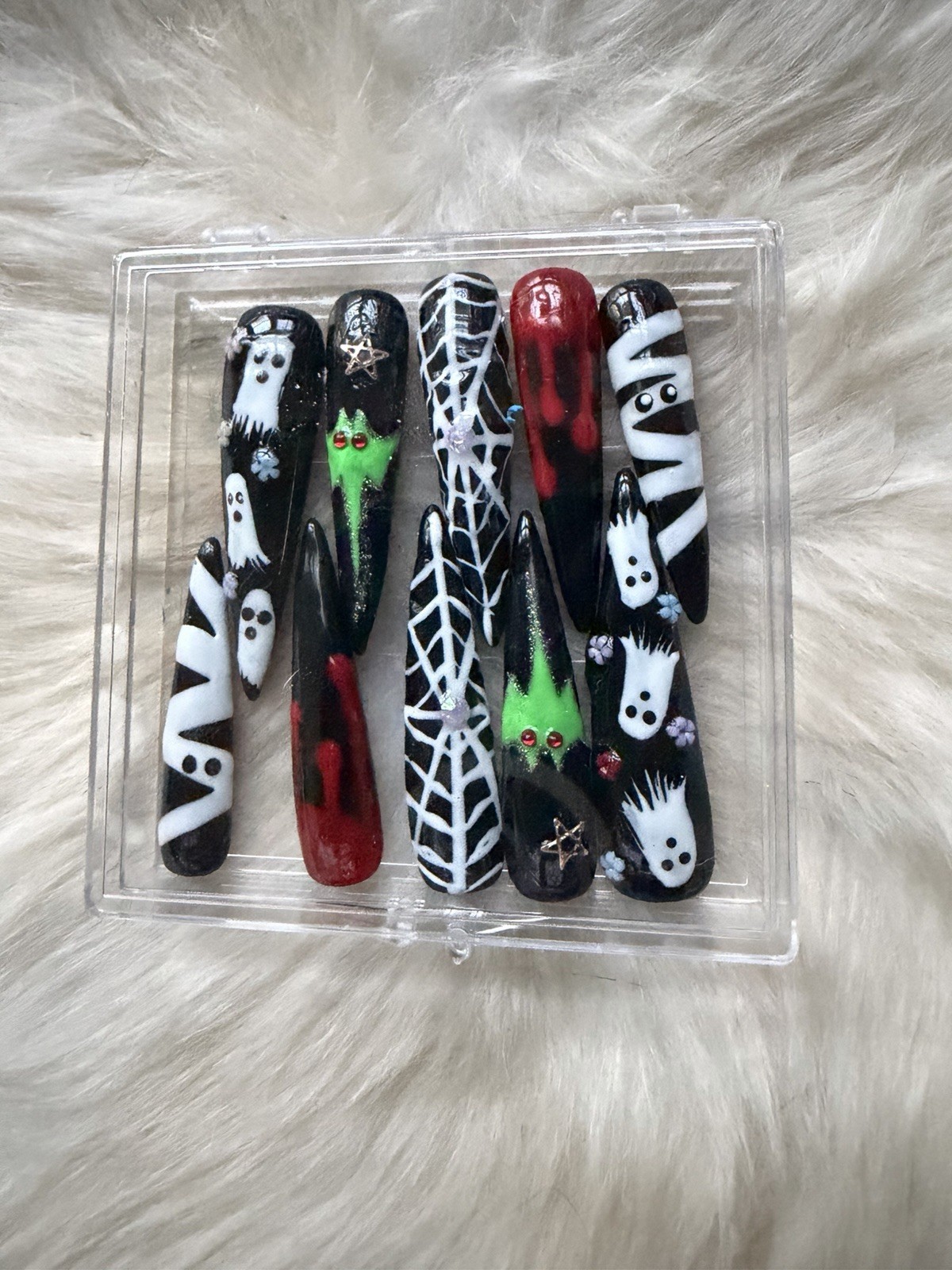 Z NAILZ Handmade XXL Black Stilettos W/ Halloween Theme Press On Nails