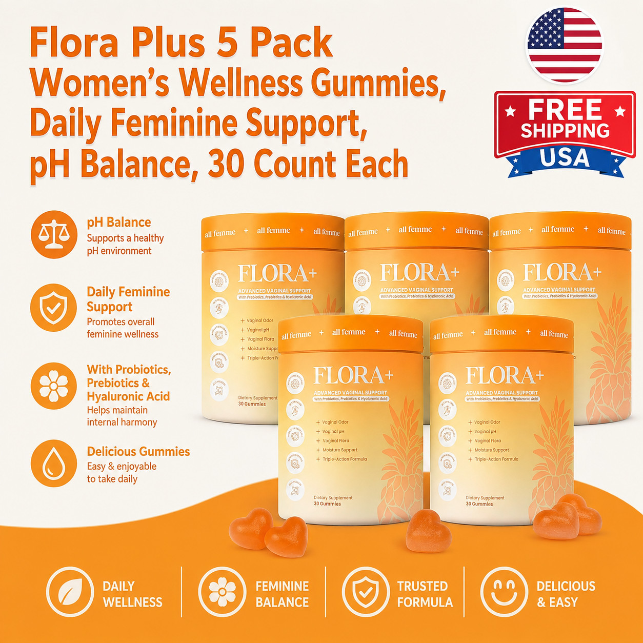 Flora Plus 5 Pack Women's Wellness Gummies, Daily Feminine Support, pH Balance,