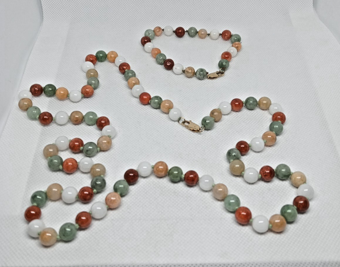 Set Marked 14k Yellow Gold Multi Colored Beaded Necklace & Matching Bracelet