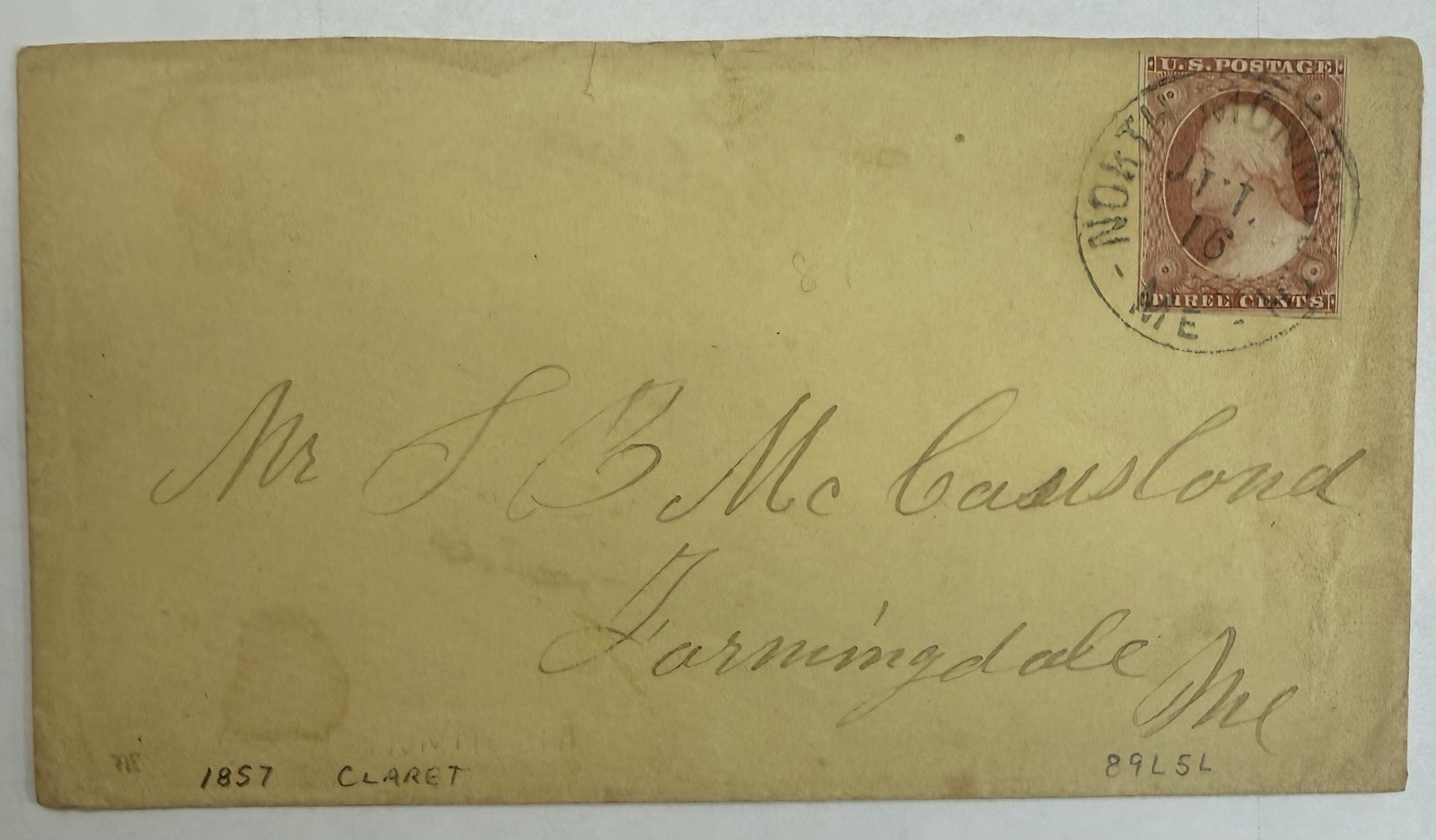 US #11A 1857 3c Wash.Ty II claret, Pos 89L5L,North Monmouth,ME cover; $27.50 SCV US #11A 1857 3c Wash.Ty II claret, Pos 89L5L,North Monmouth,ME cover; $27.50 SCV
