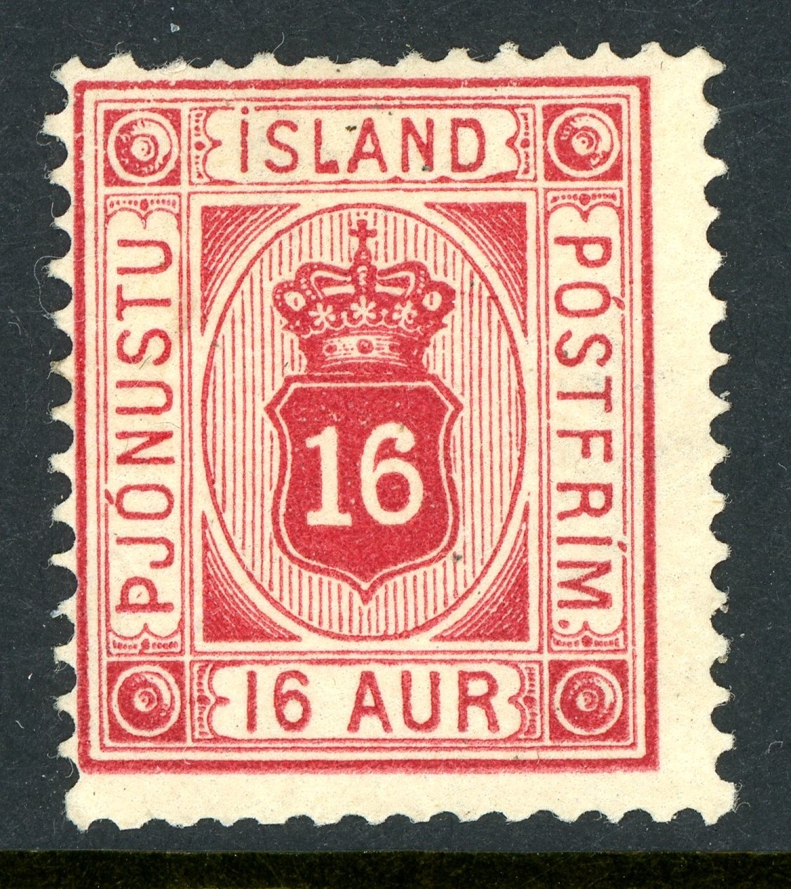 Iceland 1876 Official 16 Aur Carmine *Perf 14x13½* Scott #O7 Mint T834 Iceland 1876 Official 16 Aur Carmine *Perf 14x13½* Scott #O7 Mint T834