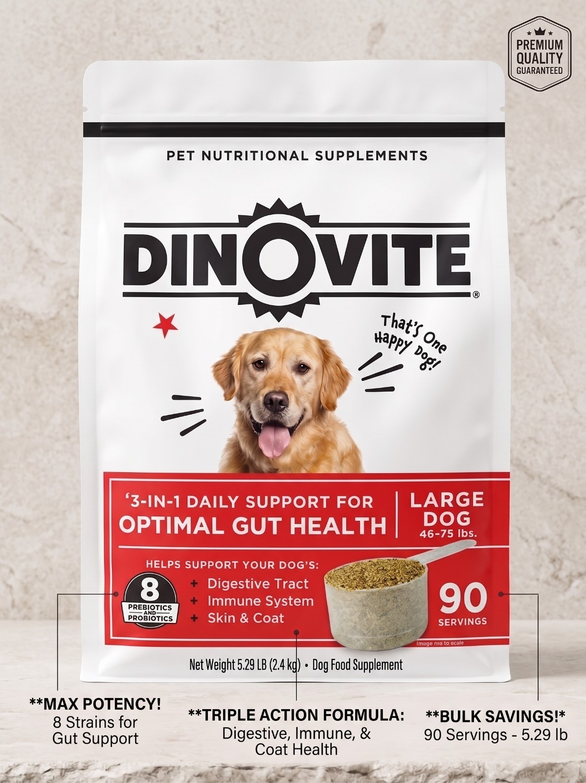 Dinovite Large Dog Optimal Gut Health Supplement (46-75 lbs) - 90 Servings, 5.29 Dinovite Large Dog Optimal Gut Health Supplement (46-75 lbs) - 90 Servings, 5.29
