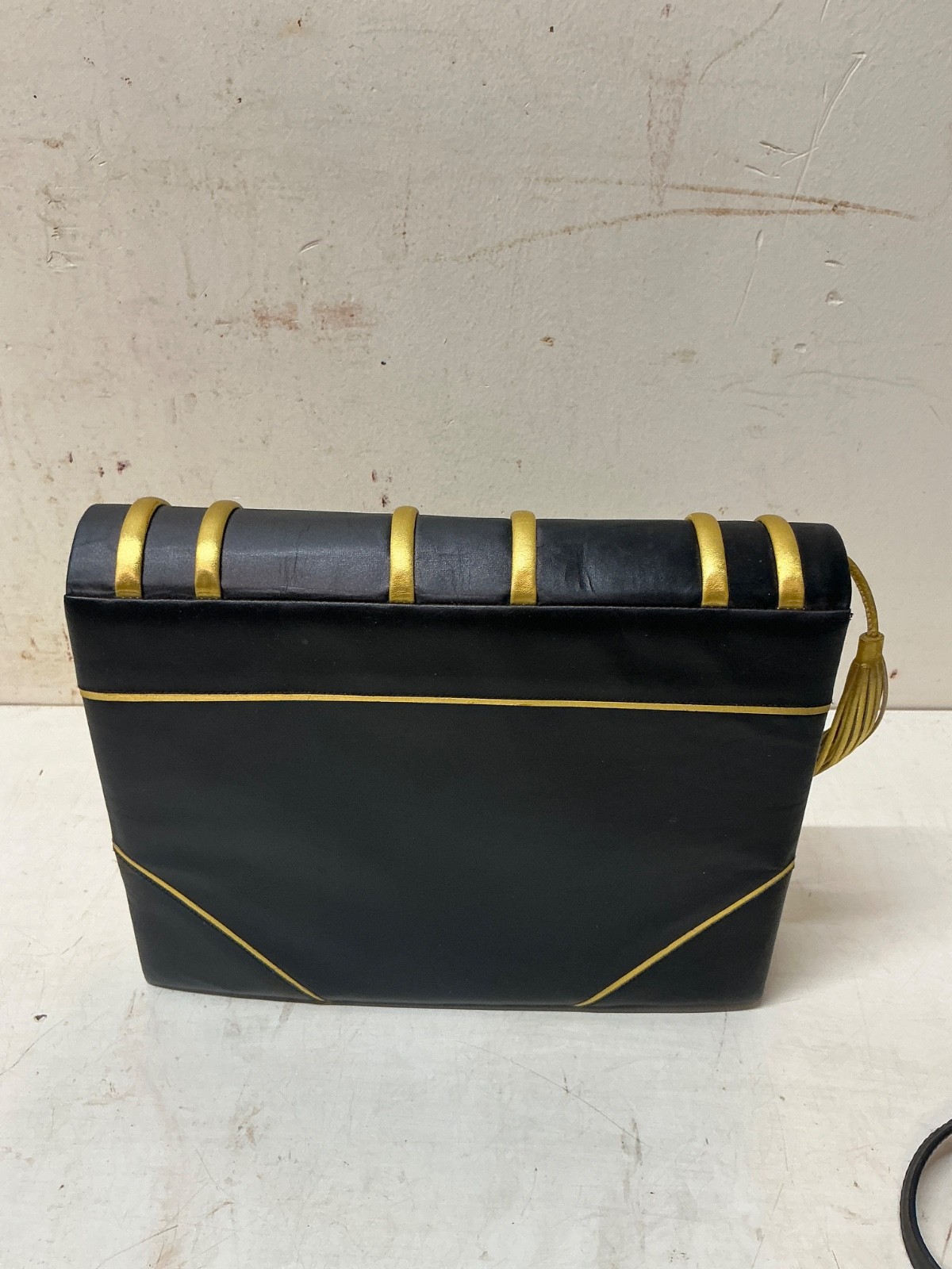 Vintage Paloma Picasso Leather Book Clutch Shoulder Bag 1980s Black Gold Italy