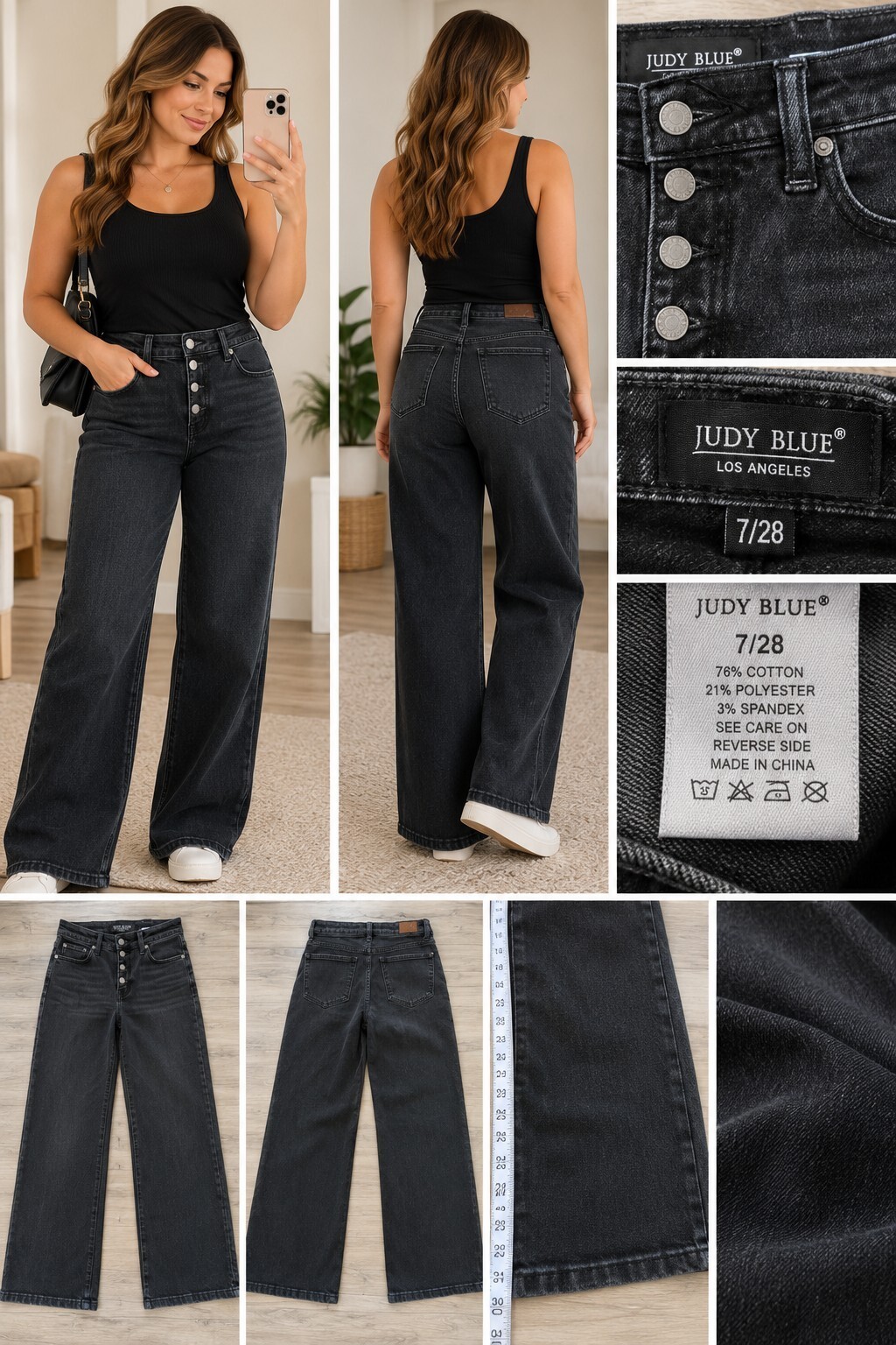 Judy Blue 7/28 Black High Rise Button Fly Wide Leg Jeans Judy Blue 7/28 Black High Rise Button Fly Wide Leg Jeans