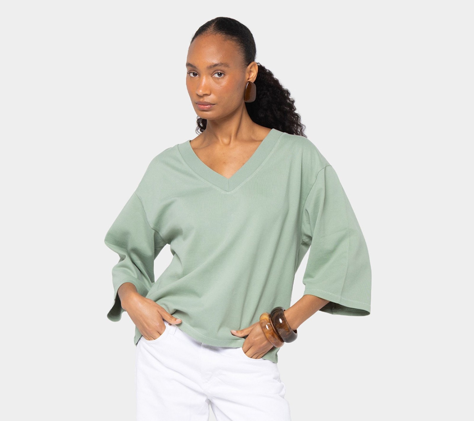 Peace Love World Women\'s Top Sz M Sleeve V-Neck Side Pleat Tee Green A731945