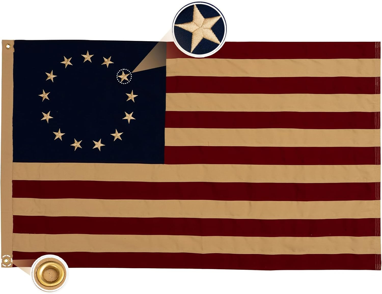 Vintage Betsy Ross Flag 3X5 Ft, Tea Stained Embroidered 13 Stars Cotton Vintage Betsy Ross Flag 3X5 Ft, Tea Stained Embroidered 13 Stars Cotton