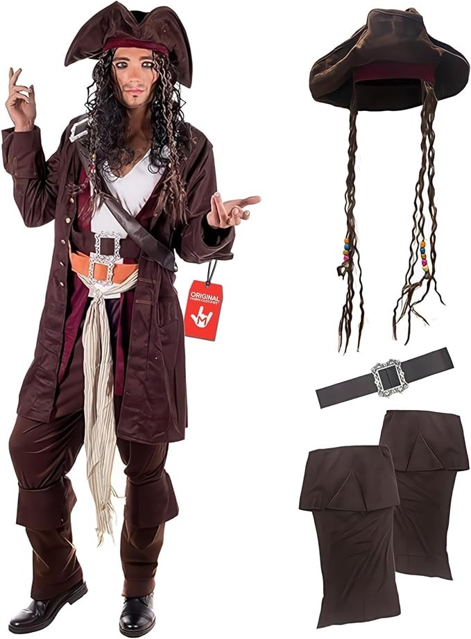 Men`s Caribbean Pirate Captain Costume + Hat + Wig Jack Sparrow M - XL Halloween Men`s Caribbean Pirate Captain Costume + Hat + Wig Jack Sparrow M - XL Halloween