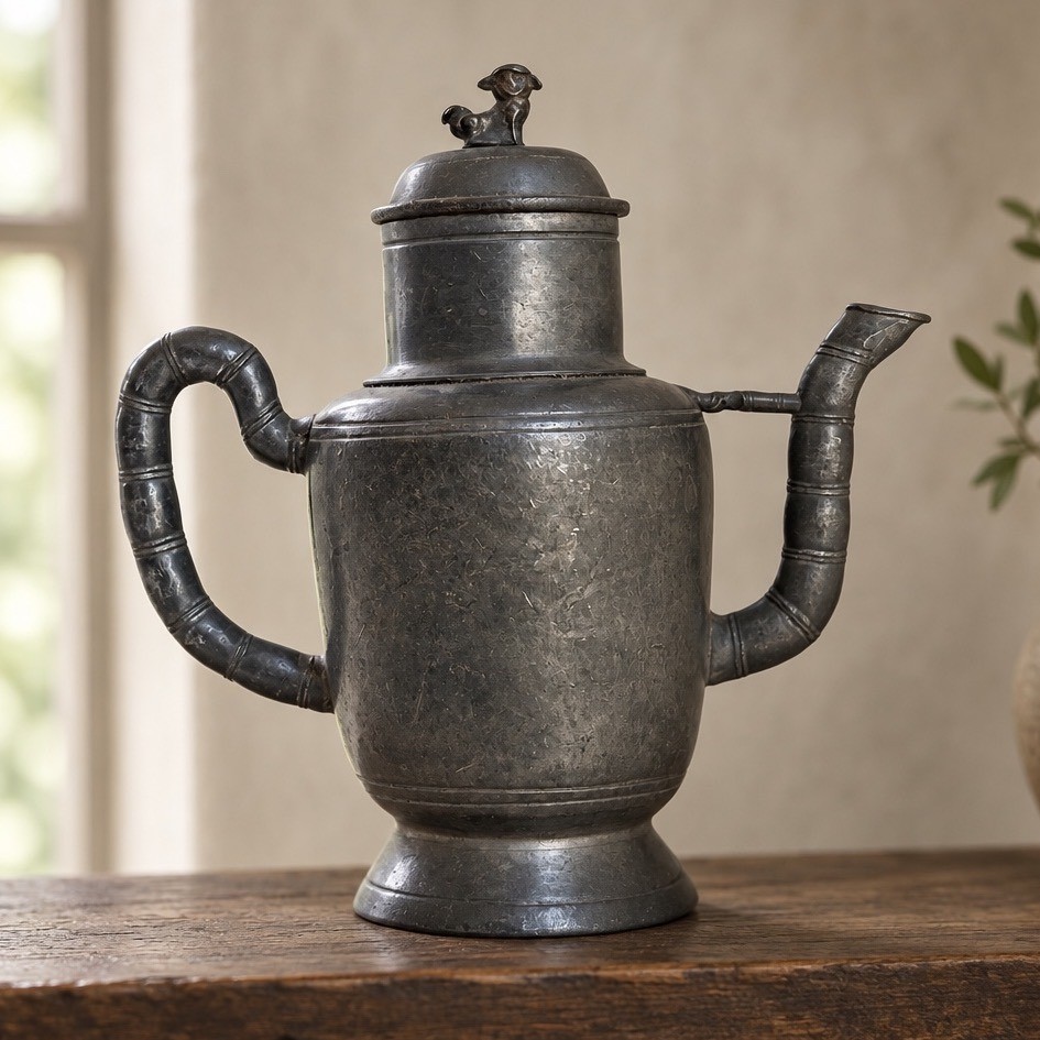 Antique 19th Century Chinese Pewter Teapot Qing Dynasty Foo Dog Lid Stamped Mark