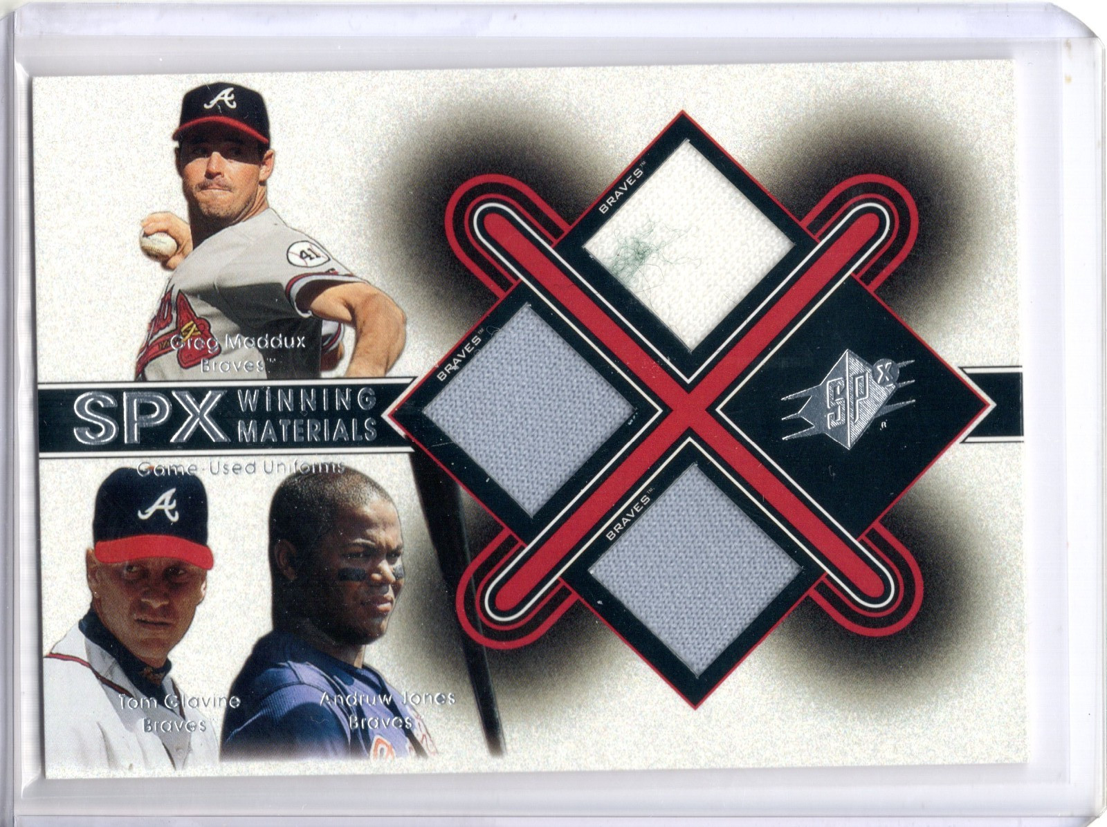 2001 SPx Greg Maddux Tom Glavine Andruw Jones #MGJ Game Used Jersey Braves