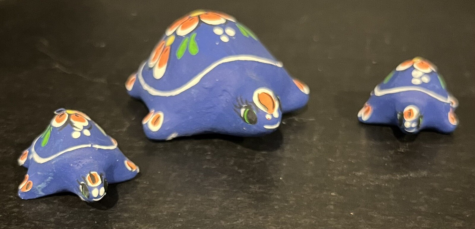 Vtg Mexican Tonala Hand Painted Clay Folk Art Turtles Set Of 3