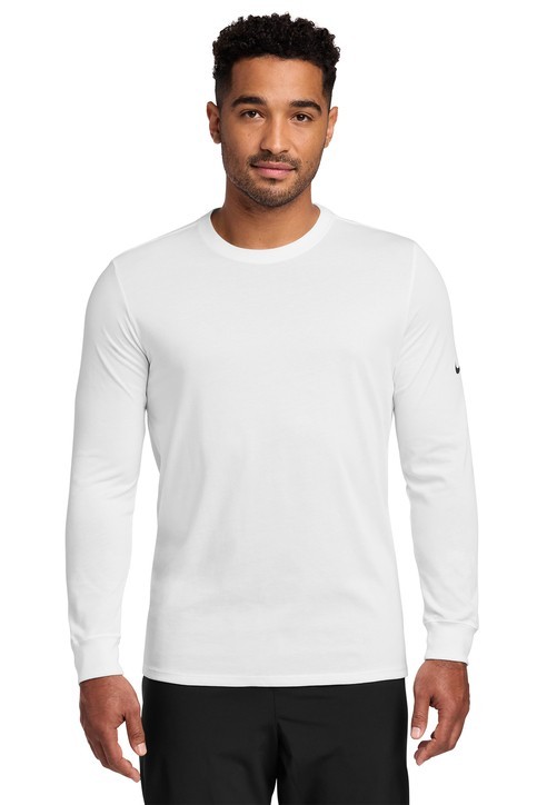 Nike White W/BLACK SWOOSH  Dri-FIT L/S MEDIUM Tee NKBQ5230 Cotton Poly NEW