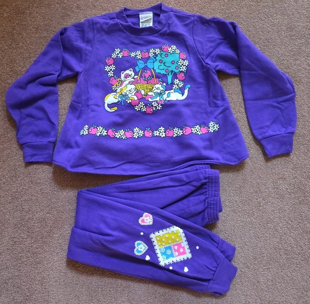 VTG 90s Basic Image Girls Sz 6x 2 Piece Set Purple Kitty Cat Cute Adorable