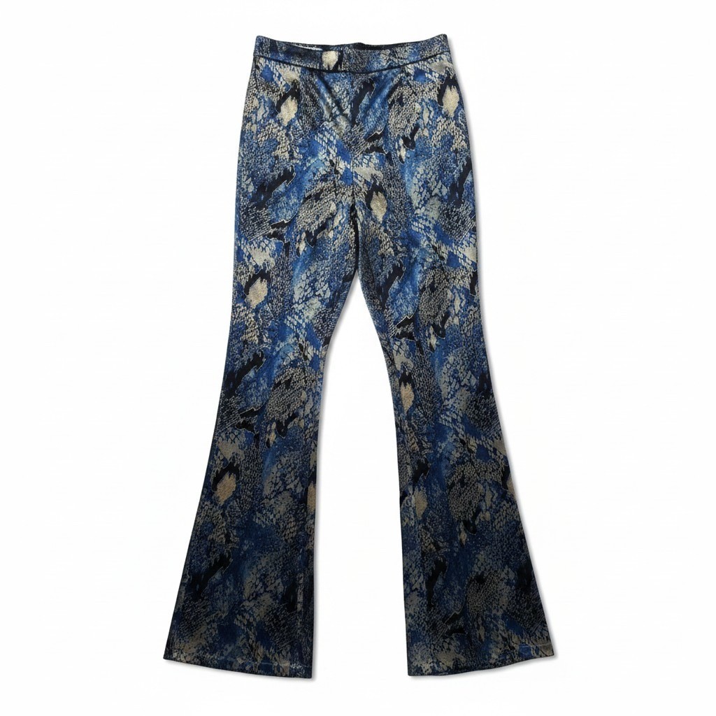 Tiger Mist Flare Pants XS Blue Snakeskin Print High Waisted Bell Bottom Edgy