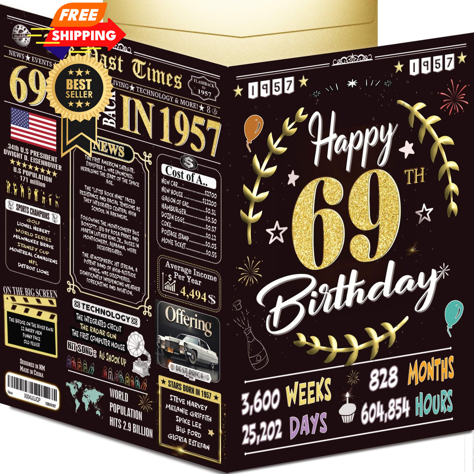 69th Birthday Card for Women Men - Back In 1957 Black & Gold - 69 1957, GOLD 69th Birthday Card for Women Men - Back In 1957 Black & Gold - 69 1957, GOLD